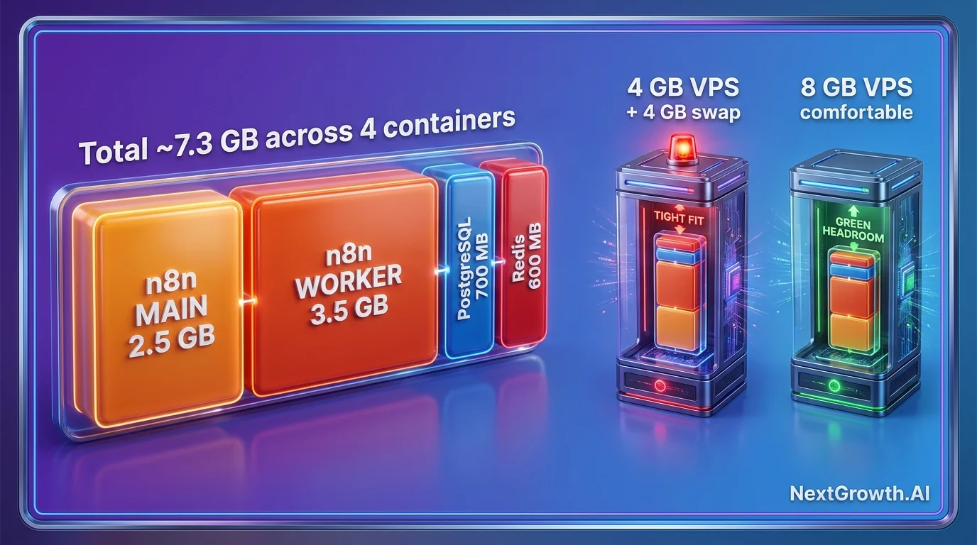 n8n container memory budget visualization showing 7.3 GB total split across n8n main 2.5GB worker 3.5GB PostgreSQL 700MB and Redis 600MB