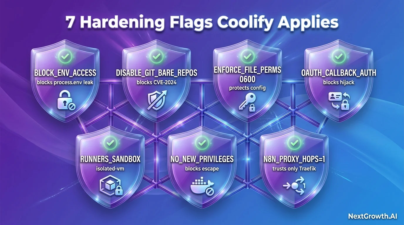 Seven n8n security hardening flags Coolify applies by default, each blocking a different attack class from env exfiltration to container escape