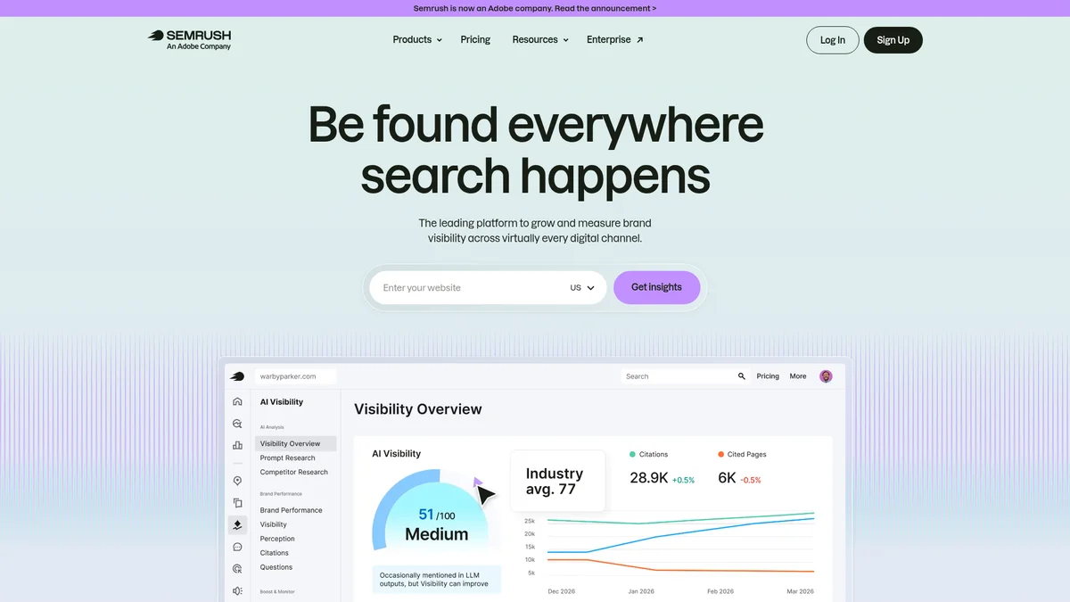 Semrush homepage showing all-in-one SEO platform with rank tracker plus 55+ integrated tools