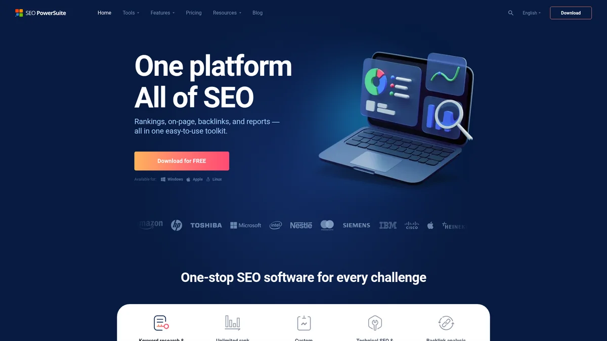 SEO PowerSuite homepage showing 4-tool desktop SEO suite (Rank Tracker, WebSite Auditor, SEO SpyGlass, LinkAssistant) with free trial CTA