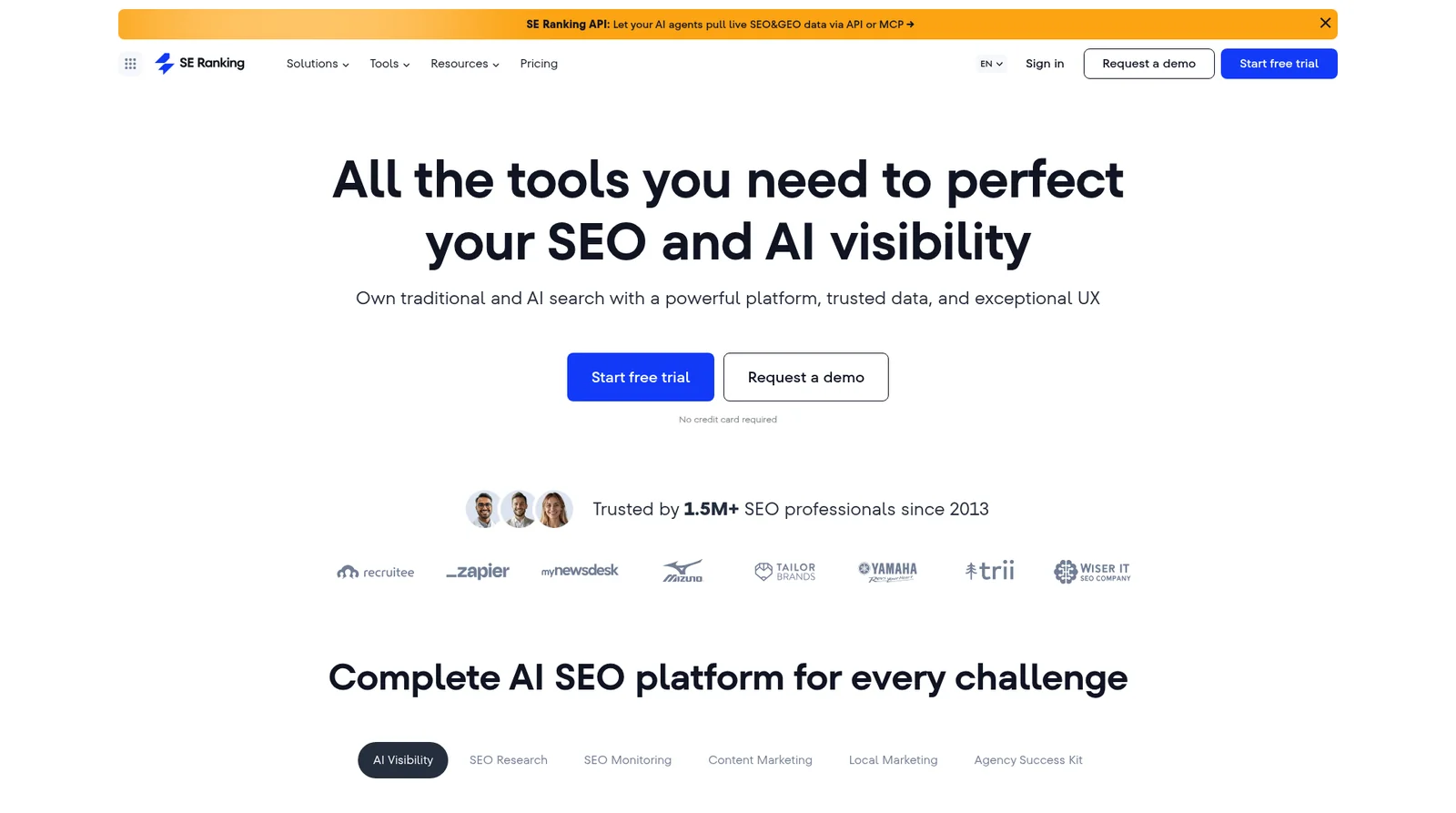 SE Ranking &mdash; our pick for the best Perplexity rank tracker for agencies, showing the SE Visible module with daily Perplexity tracking on the Pro plan