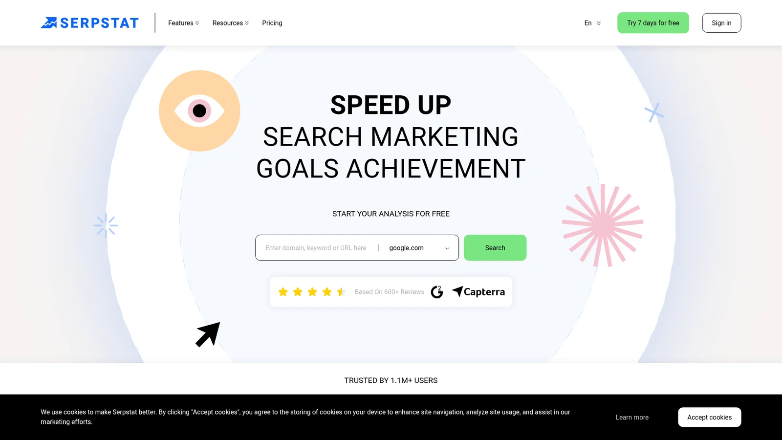 Serpstat homepage showing all-in-one SEO platform with rank tracker and competitor keyword analysis