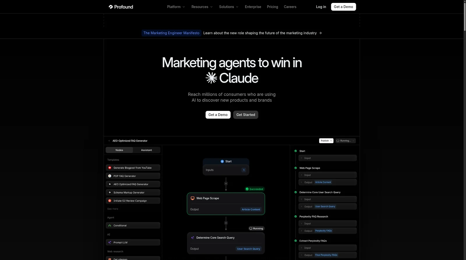 Profound homepage showing citation intelligence across 10 AI platforms with Partnerize revenue attribution