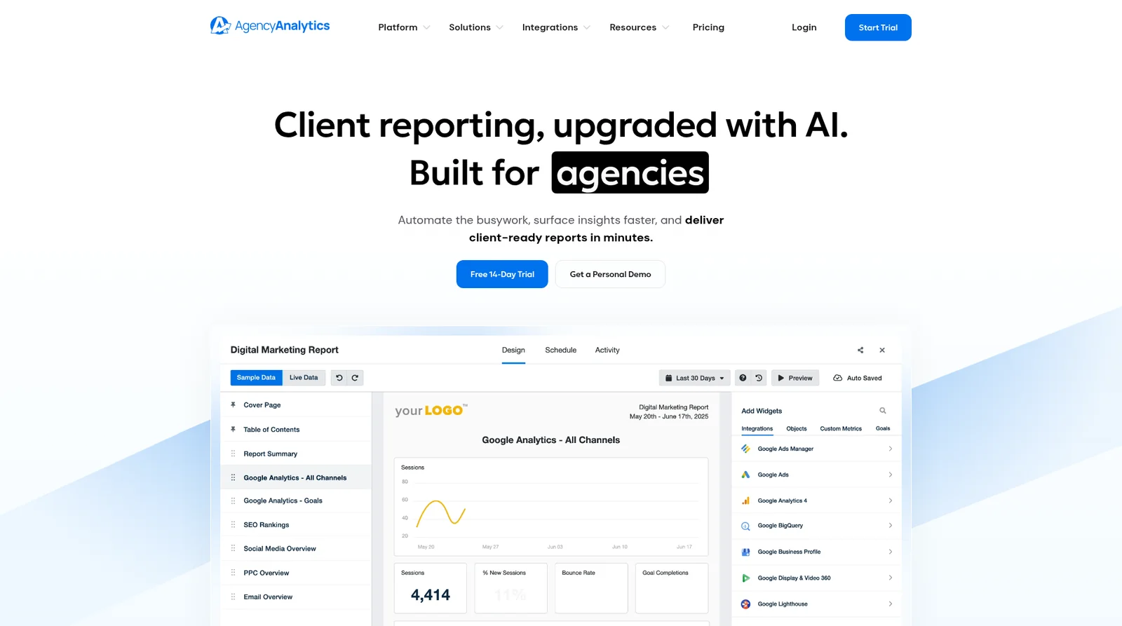 AgencyAnalytics homepage above-the-fold showing the platform's positioning and primary CTAs