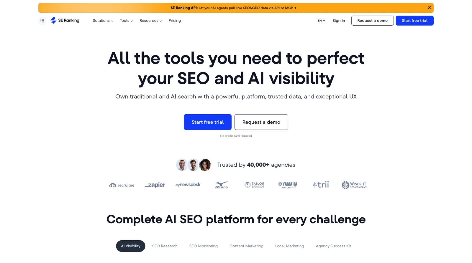 SE Ranking homepage above-the-fold showing the platform's hero positioning and primary CTAs