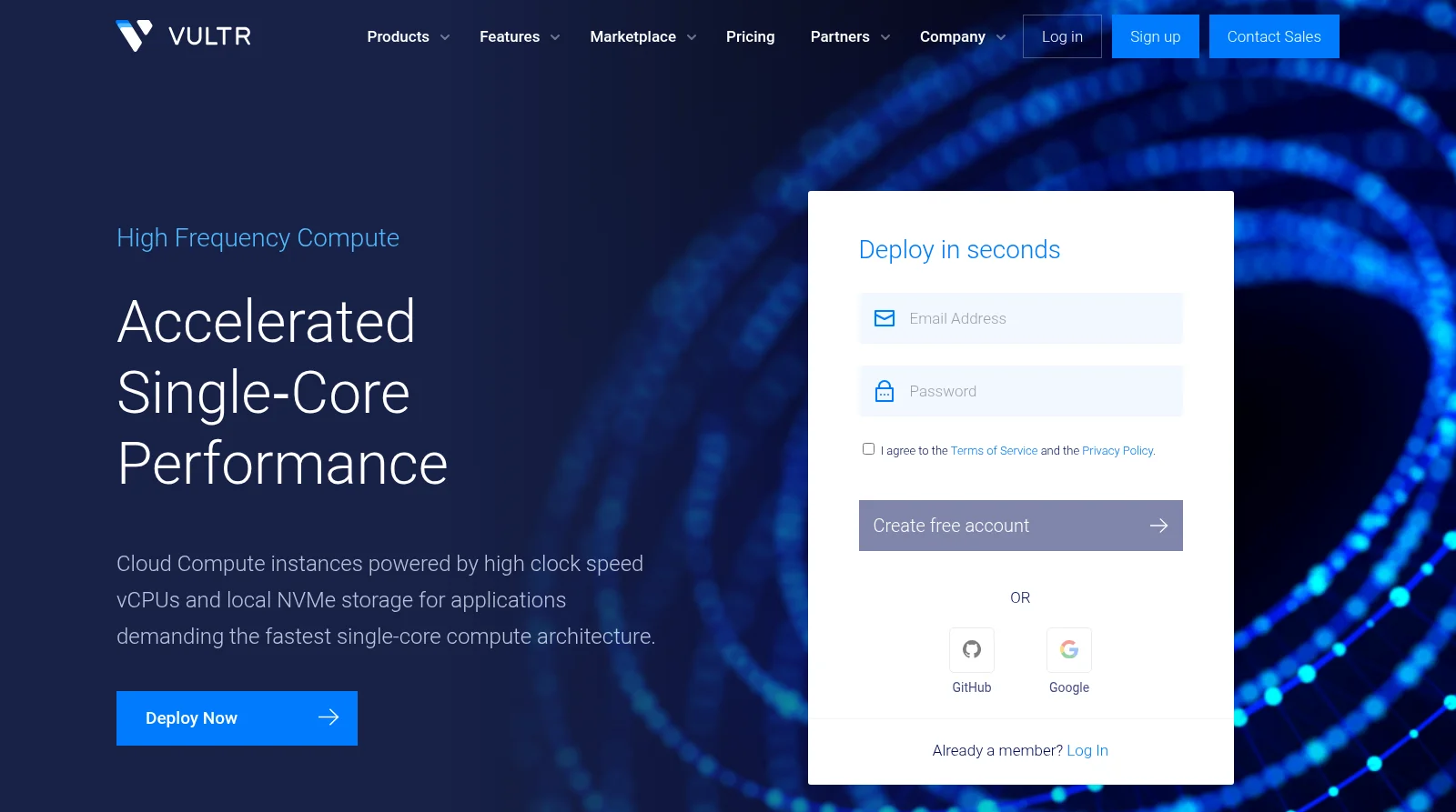 Vultr High-Frequency Compute product page showing 3GHz CPU plans