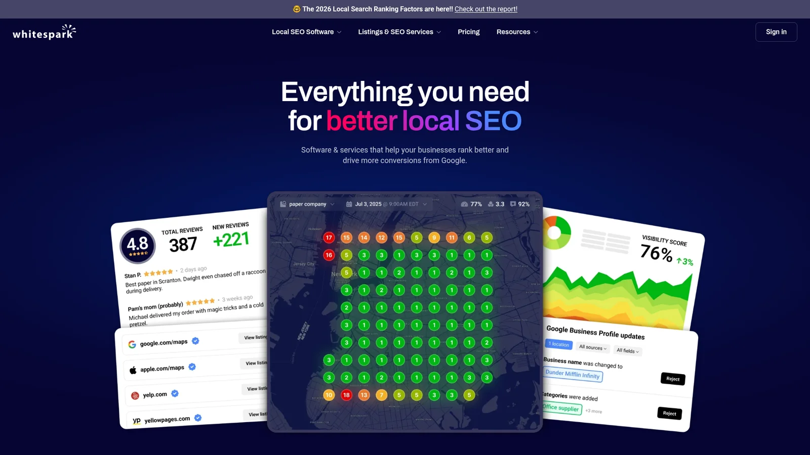 Whitespark homepage showing local pack rank tracking and citation building for SEO professionals