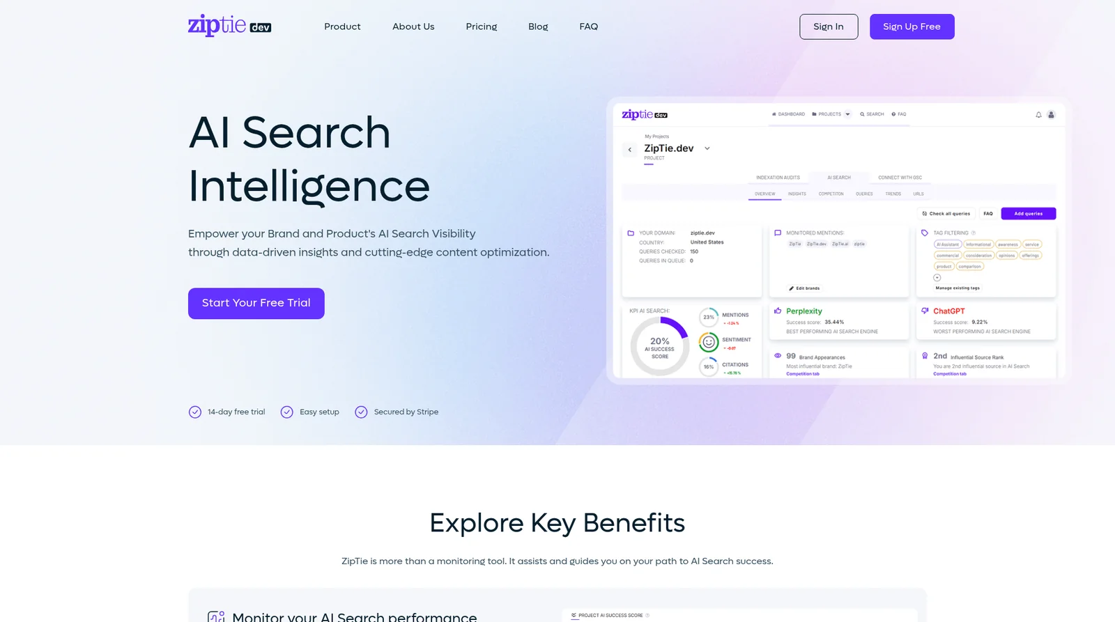 ZipTie homepage showing real-time AI search rank tracker with AI Success Score