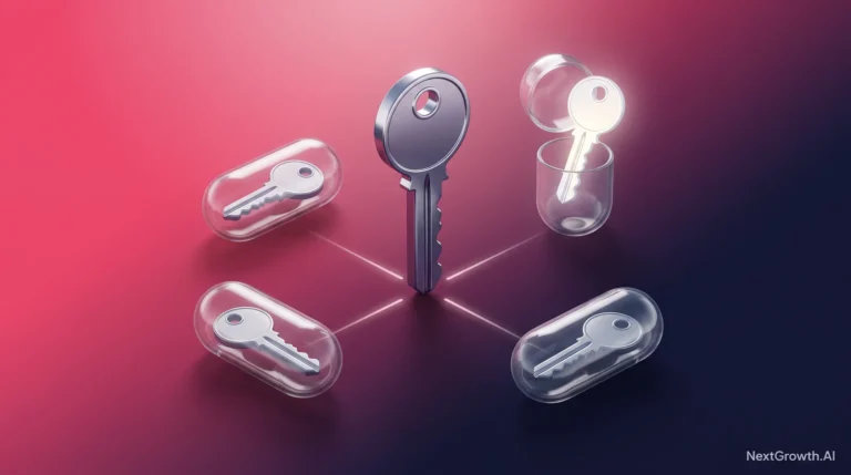 n8n encryption key model: one master instance key wrapping three data encryption keys held in sealed capsules, with one key lifted out as it is rotated