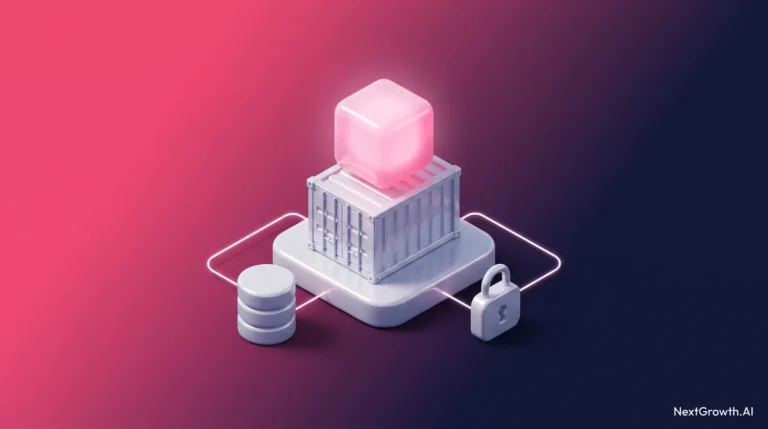 Isometric 3D illustration of a self-hosted n8n stack: an n8n cube on a Docker container with a PostgreSQL database and a padlock connected to the same platform