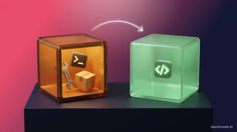Two containers side by side: the default n8n task runner image cluttered with a shell, a wrench and a package, against a sealed distroless container holding only code