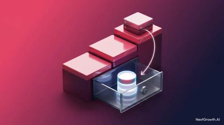 n8n upgrade concept: version platforms step upward with the server on top, while the database sits in a separate glass vault below and an arrow curves back down to it as the restore path